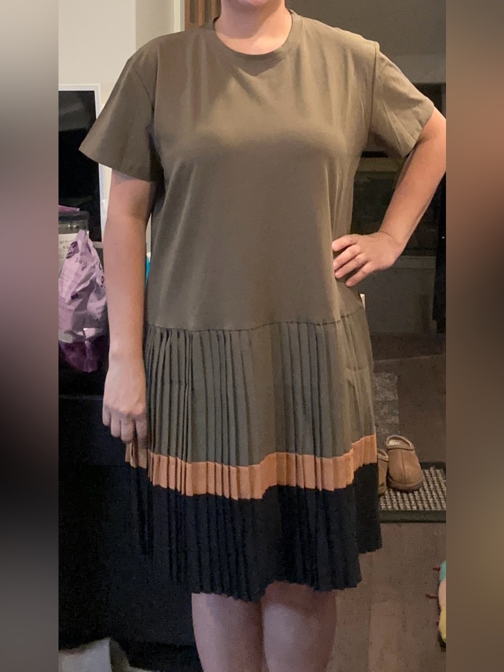 Pleated Colorblock Women’s Dress in Olive, Tan & Black XL-3XL
